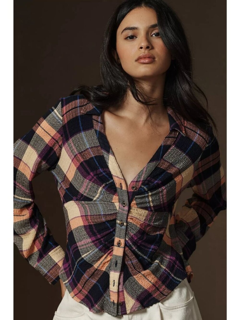 Pilcro Plaid Maxine Button-Down Shirt Ruched Front Long Sleeve Check Size L